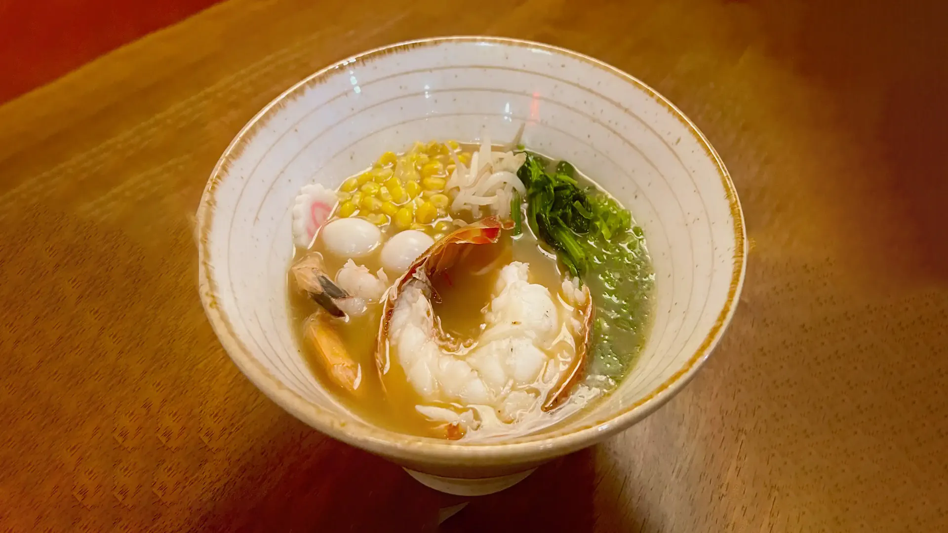Seafood ramen with big prawn, quail eggs and veggies at Fujiya Ramen & Yakitori, a Asian Restaurant in Arcadia