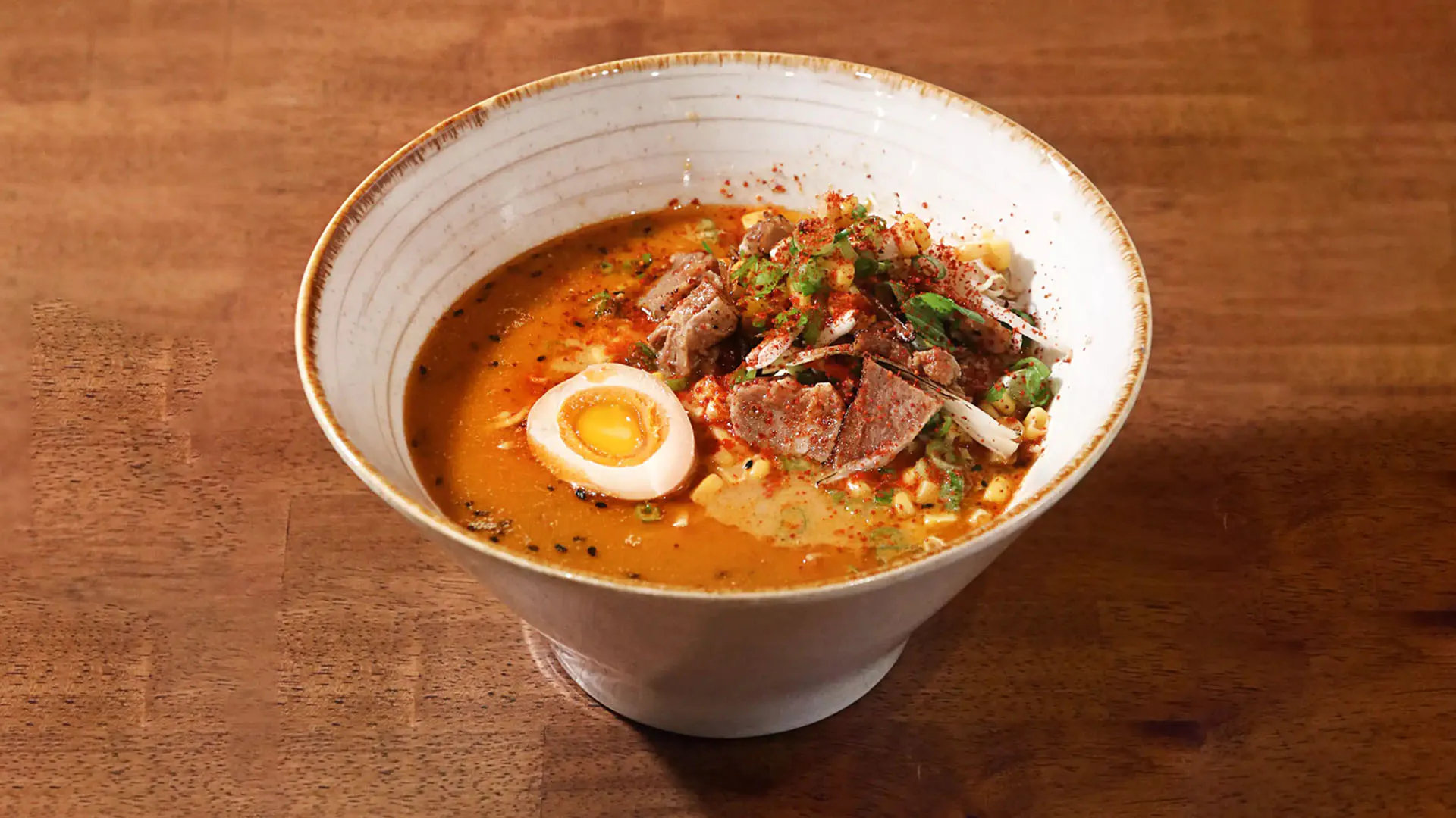 Spicy miso beef ramen with corn, bean sprouts and chili powder at Fujiya Ramen & Yakitori, a Asian Restaurant in Arcadia