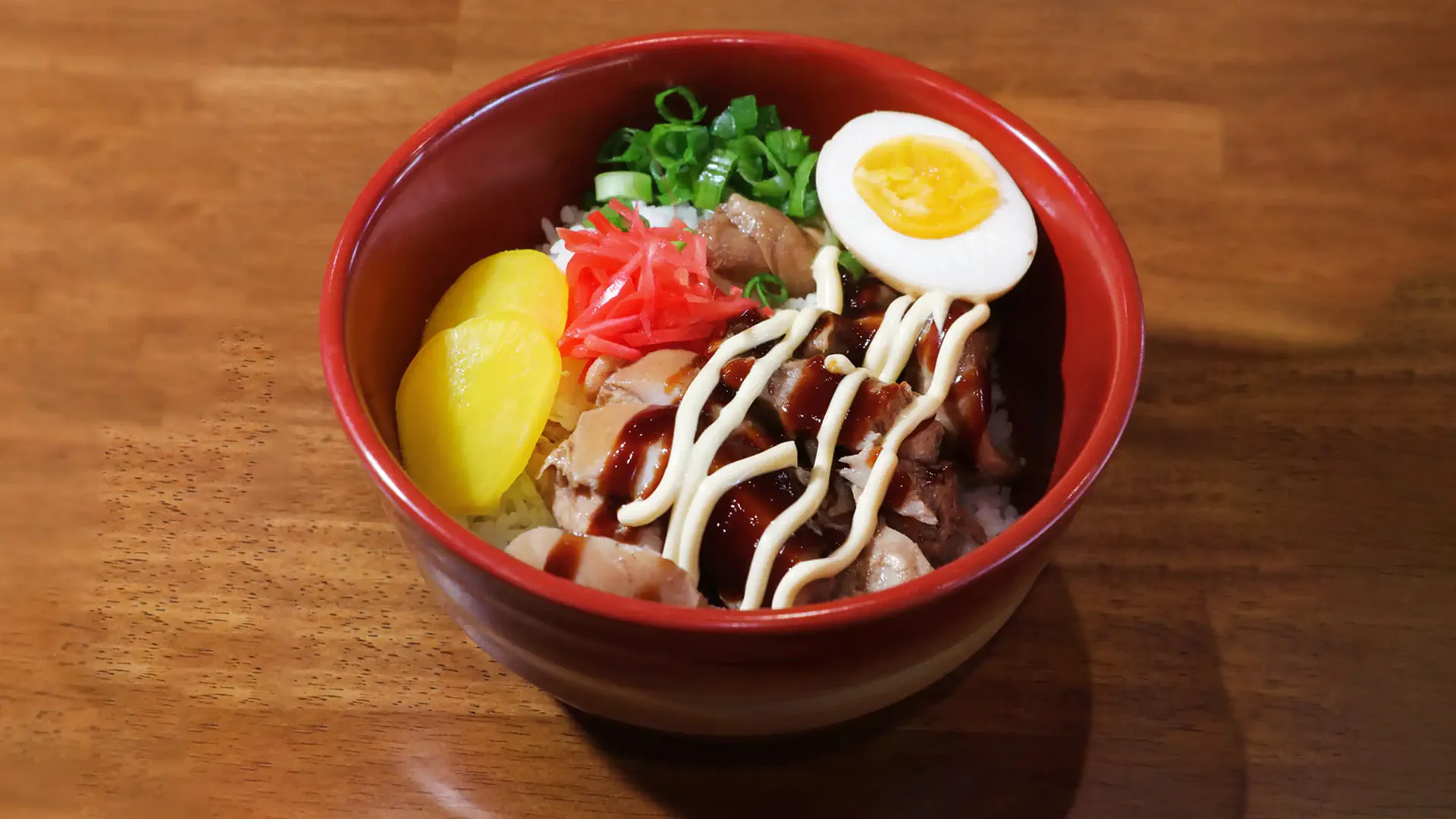 Teriyaki chicken rice bowl with egg, pickles and mayo at Fujiya Ramen & Yakitori, a Asian Restaurant in Arcadia