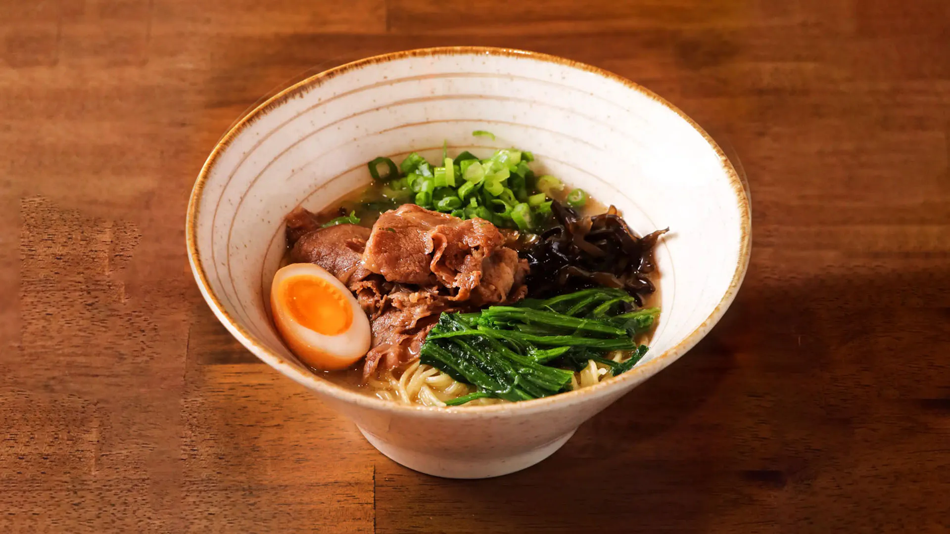 Tonkotsu beef ramen with ajitama, spinach and fungus at Fujiya Ramen & Yakitori, a Asian Restaurant in Arcadia