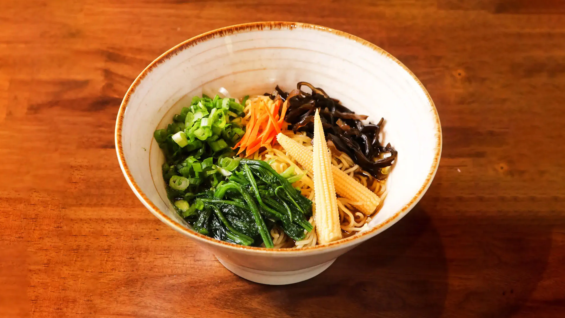 Vegetarian ramen with baby corn, spinach, fungus and scallions at Fujiya Ramen & Yakitori, a Asian Restaurant in Arcadia